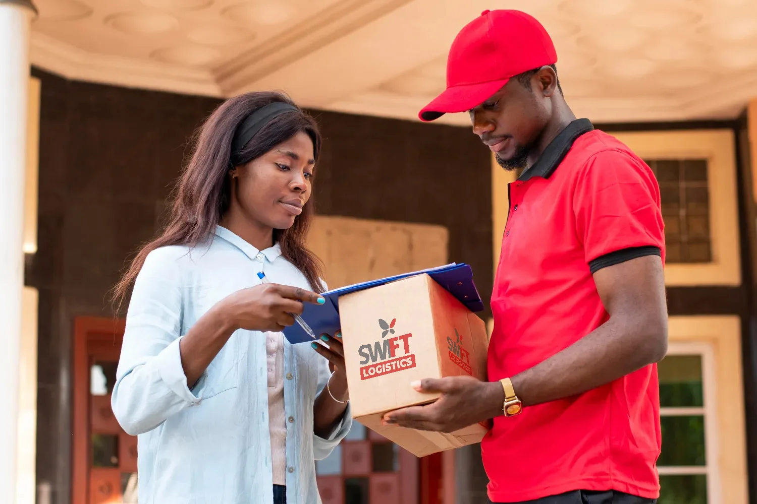 delivery guy with a customer